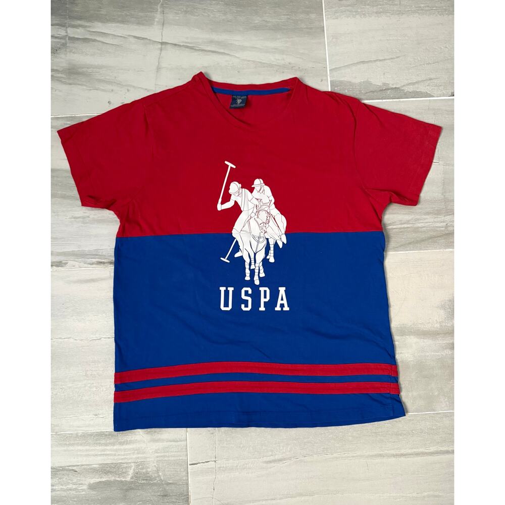 USPA U.S. Polo Assn Colorblock T-Shirt Red Blue Logo Graphic Size M